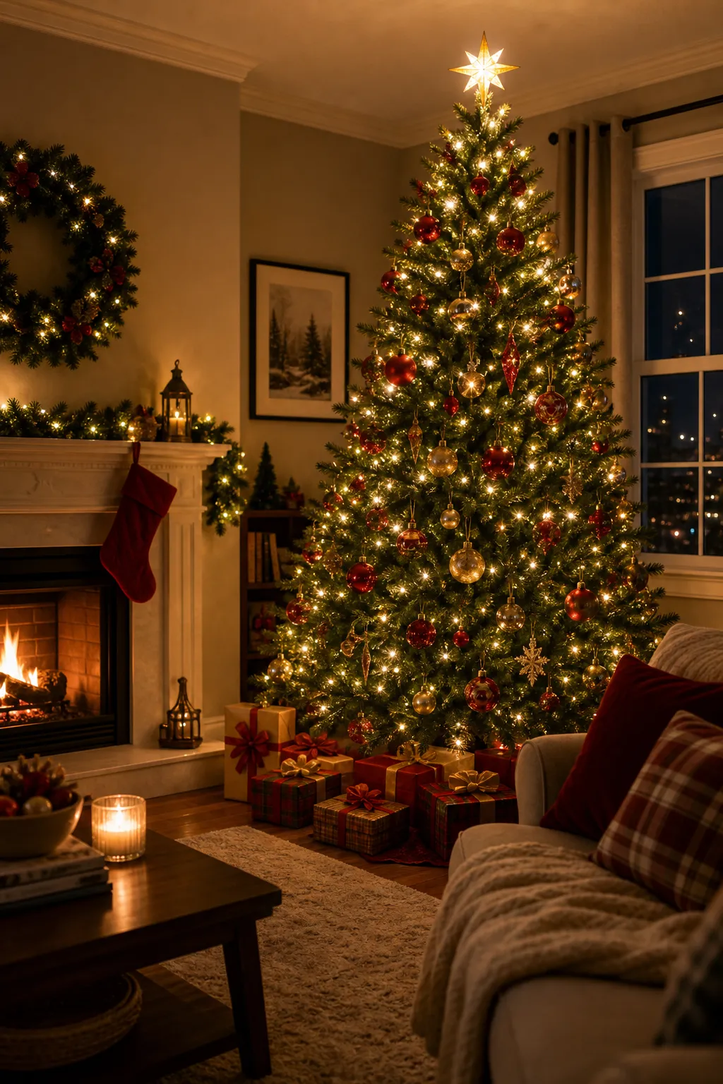 Cozy decorated Christmas tree with warm lights and ornaments.